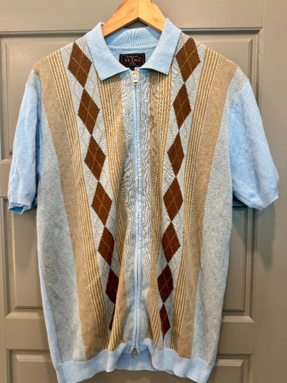 Beams+ Japan Argyle Knit Zip Polo Sweater Light Blue Size L
